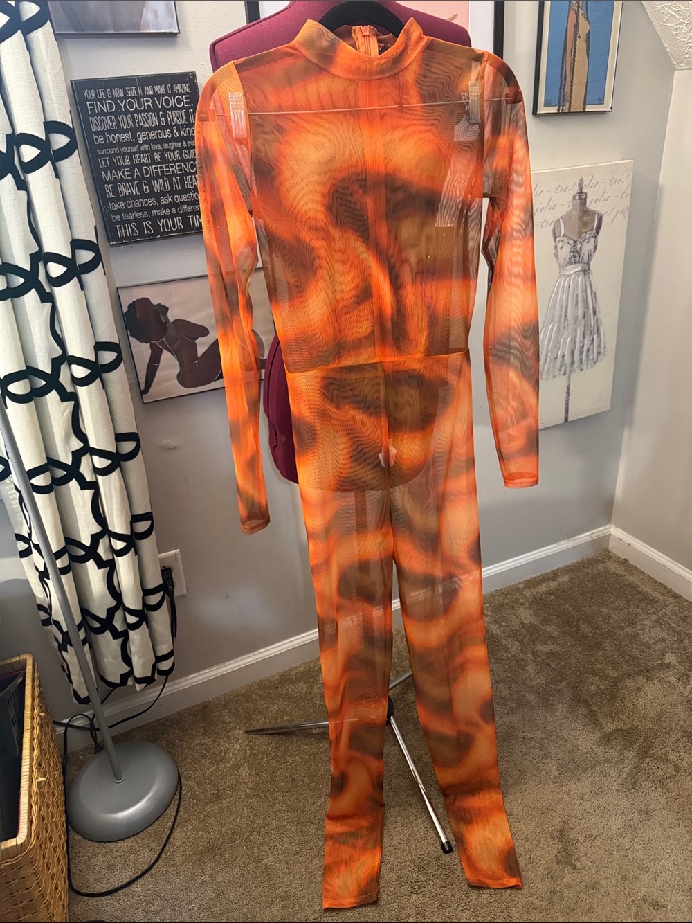 PrettyLittleThing Orange & Brown Swirl Mesh Jumpsuit